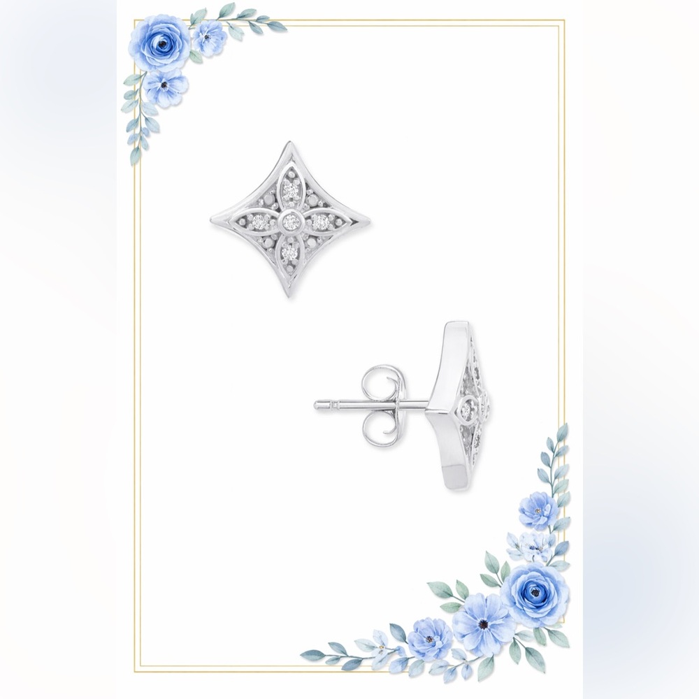 Diamond Star Stud Earrings 1/10 CTW in Sterling Silver, NWT - Picture 3 of 7